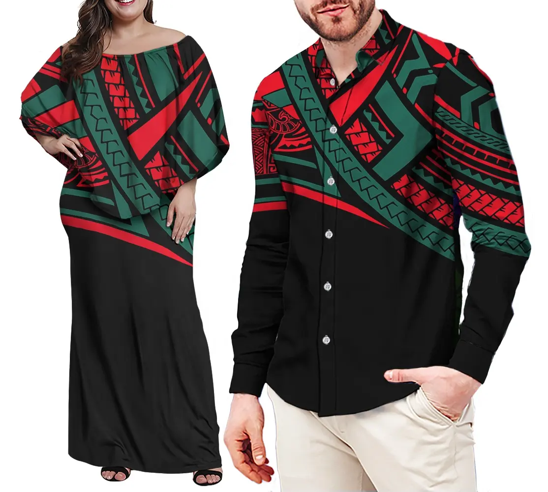 Colorful Polynesian Hawaiian Tribal Design Women Dress Match men oversized shirts fall fashion plus size Men's shirt Long Sleeve