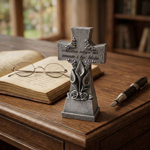 Cross <strong>Memorial</strong> Stone with Calla Lily and Rose, Religious Grave Marker, <strong>Garden</strong> <strong>Memorial</strong> <strong>Plaque</strong> for Loved One, Sympathy Gift - Product Image 5