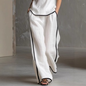Nuovo <span class=keywords><strong>Completo</strong></span> Estivo 2026 in Cotone e <span class=keywords><strong>Lino</strong></span> con Dettagli a Contrasto, Top Senza Maniche con Scollo a V e Pantaloni a Gamba Larga, Outfit Elegante Stile Francese - Product Image 3