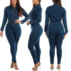 Kadın günlük kot sıkı uydurma düğme kalem tulumlar Vintage Denim Bodycon tulum bayanlar için