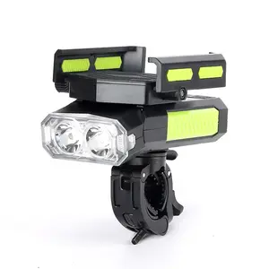 RTS New 4 In 1 LED Bicycle Front Light Mobile Phone Holder Usb Mountain Bike Electric Horn Double Light Warning Light