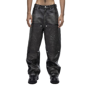 Pantalones de Cuero para Hombre con Diseño de Telaraña, Pantalones de Cuero Sintético Personalizados con Bordado, Pantalones de Motociclista - Product Image 2
