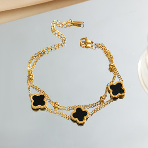 Bracelet de charme en acier inoxydable de haute qualité à quatre feuilles de trèfle pour <span class=keywords><strong>femmes</strong></span>, plaqué or, zircon, coquille, élégant, sans ternissement - Product Image 4