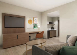 Ensemble de meubles de chambre d'hôtel moderne 3, 4, 5 étoiles, lit en panneaux de bois, canapé, fauteuil, table basse, hôtellerie commerciale - Product Image 2