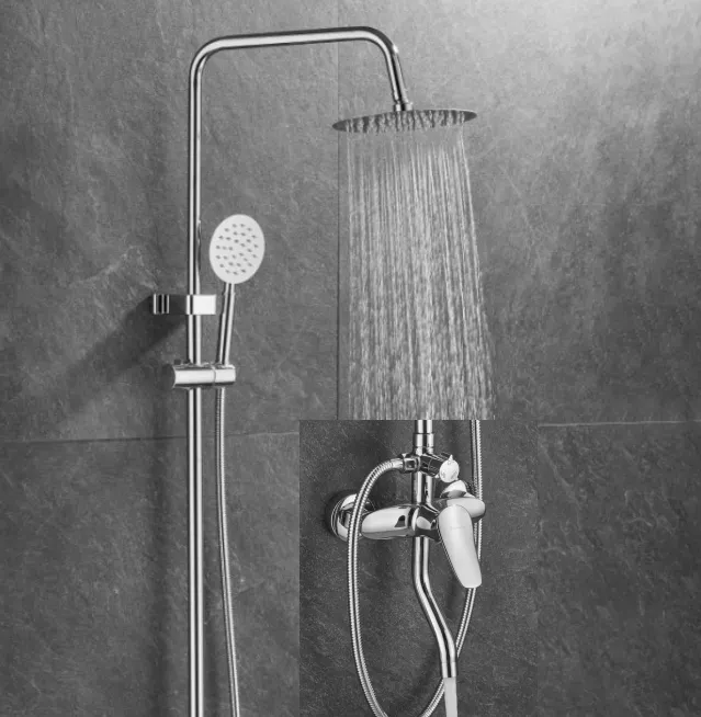 Material de latón, precio barato, estilo económico, juego de ducha de baño, acabado cromado, grifo mezclador de ducha plateado