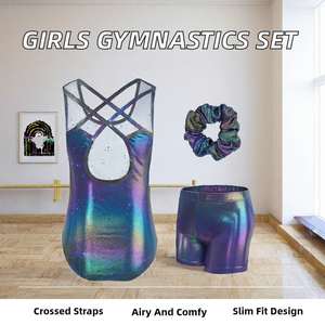 Girls <b>Leotard</b> <b>Shorts</b> Set Sleeveless <b>Gymnastics</b> Dance Workout Outfit With Scrunchie - Product Image 2