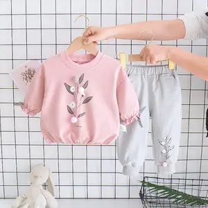 Spring Autumn Baby Girls Sets Floral Long Sleeve Ruffled Pink Sport Suits Shirt+gray Pants Infant Girls 2pcs Sweatshirt Set