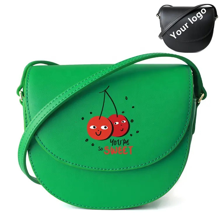 Custom Logo 3D Digital Green Mini Bag Unique Ladies Cherry Print Women Girls Small Bag Gift Leather Saddle Purse