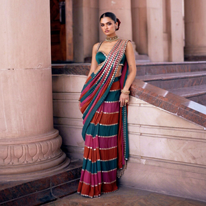 Sari de Georgette con Bordado de Diseño y Encaje con Trabajo de Espejo Original, con Blusa de Seda Banglori Mono sin Coser - Product Image 1