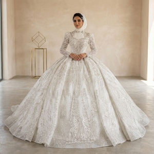 Lscm108 Modern Silver Long Sleeve Beaded Ball Gown Wedding Dress Sweetheart Neckline Chapel Train Floor-Length Feather <b>Sequin</b> - Product Image 1