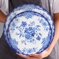Assiette à dîner ronde en porcelaine fine bleue et blanche, motif floral, style chinois, pour restaurant et usage domestique