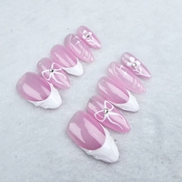 Uñas artificiales; forma de uña de almendra color base Rosa; lazo pintado a mano; fábrica de alta calidad al por mayor.