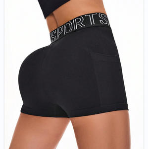 Shorts de sport sans couture taille haute pour femme avec poches, effet ventre plat et rehaussement des fesses, ceinture à lettres, pour fitness, yoga et entraînement en salle de sport - Product Image 2