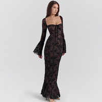 Mode été élégant Sexy col carré fête à manches longues maille à lacets robe décontractée