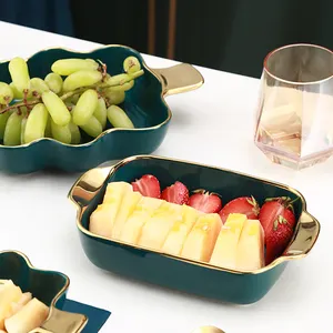 Simplicity Wholesale Tableware household dumpling plate Petal shape breakfast grid plate with sauce dish&gold trim