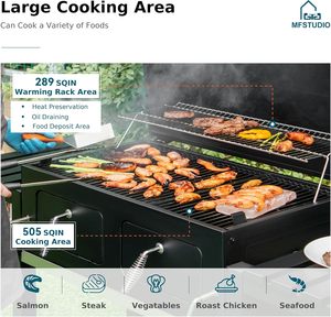 Barbecue fumoir moderne d'extérieur sur chariot, grand format, pour jardin et fêtes, noir, avec grille à charbon flambe et finition chromée - Product Image 2