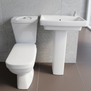 Ensemble sanitaire de salle de bain en céramique avec WC à double chasse et lavabo sur colonne - Product Image 4