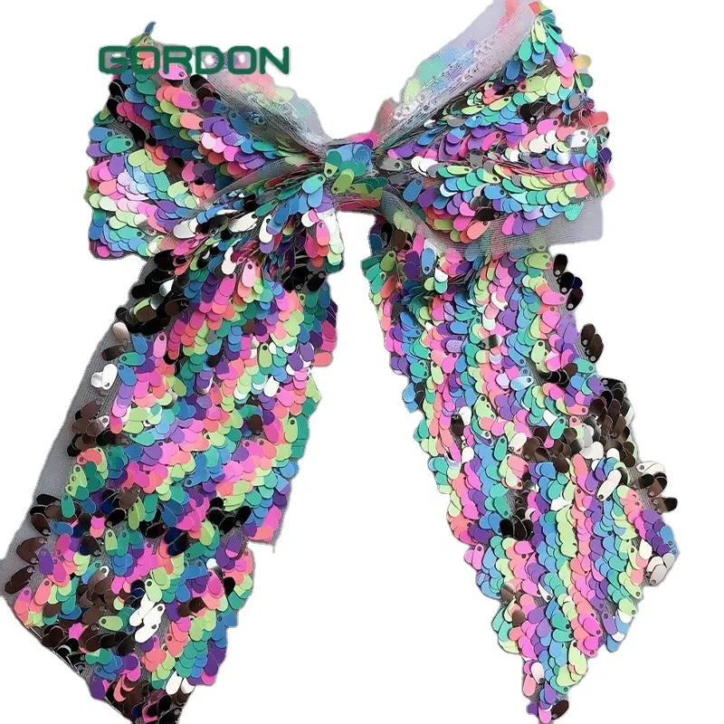 Gordon Ribbons Offre Spéciale 4 Inch Sequin Shinny Ribbon Bow Rainbow Pink Giant Bling Glitter Hair Accessories With Clip