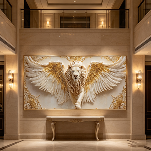 <span class=keywords><strong>Quadro</strong></span> Orizzontale 3D Personalizzato con <span class=keywords><strong>Leone</strong></span> Bianco Alato, Decorazione da Parete con Glitter Dorato per Ufficio e Casa, Stampa su Porcellana Cristallina con LED - Product Image 2