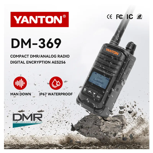 YANTON DM-369 IP67 Waterproof 1024 Channels 5W Encrypted AES256 Outdoor DMR Walkie Talkie Radios Digital/Analog Mode VHF/UHF