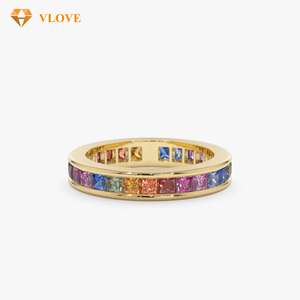 Bague éternelle en saphir arc-en-ciel River Cut, or massif 14K 10K, empilable, pour mariage et anniversaire - Product Image 1