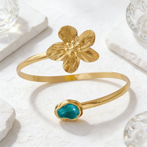 Gold Plated Flower <b>Cuff</b> Bracelet With Pearl Women's Bohemia Style Adjustable <b>Arm</b> Band Jewelry - Product Image 4