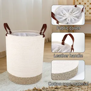 Customizable Size Round Woven Cotton Rope Storage Basket With Leather Handle For Living Room