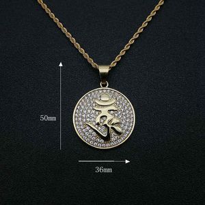 yunnique <b>Titanium</b> Steel Gold Plated Diamond Encrusted Shurangama Mantra Round Pendant Necklace For Gift - Product Image 2