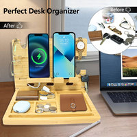Home Bamboo Wood Standing Multifunction Desktop Organizer Cell Phone Charging Stand Shelf Foldable Box Bedside Table Storage