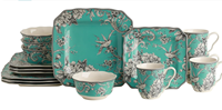 Service de vaisselle en céramique vintage turquoise à motif floral et oiseaux, 16 pièces, assiettes carrées, bols, tasses, cadeau de mariage, vente en gros pour hôtels et restaurants