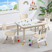 Mesa Infantil Ajustable de Madera con 4 Sillas y Superficie de Dibujo, Tamaño Personalizable, Muebles para Niños Pequeños para la Escuela