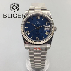 BLIGER 36mm/39mm <span class=keywords><strong>Montre</strong></span> Mécanique Homme avec Mouvement NH35 <span class=keywords><strong>Bracelet</strong></span> Président Lunette Cannelée Verre Saphir Bleu/Noir/Vert/Blanc - Product Image 6
