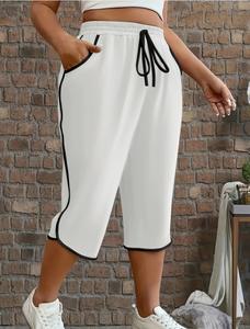 Pantalones de tres cuartos elásticos cómodos a la moda para mujer de talla grande 1XL-5XL para mujer, pantalones informales con bolsillos funcionales de Color sólido - Product Image 2