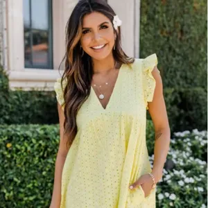 2024 Shopify vendita calda abiti estivi <span class=keywords><strong>da</strong></span> <span class=keywords><strong>donna</strong></span> con Shorts tinta unita manica a <span class=keywords><strong>farfalla</strong></span> scollo a V Mini abito Yunexpress - Product Image 1