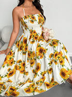 Robe midi pour femme à imprimé tournesol, col licou, corsage smocké, ourlet à volants, taille naturelle, élégante, pour l'été, la plage, les fêtes et les occasions décontractées