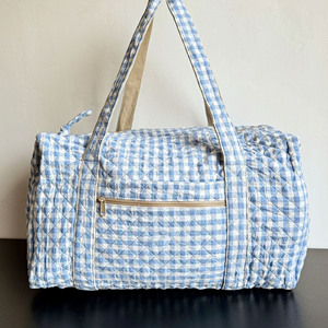 Sac de voyage matelassé <span class=keywords><strong>en</strong></span> coton à rayures bleues pour femme, grand sac fourre-tout à carreaux bleus, sac de voyage de nuit - Product Image 3