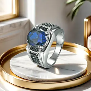 7.2 Carats 10mm*12mm Created Blue Sapphire Sterling Silver Wedding Ring S925 Business Hip Hop Ring Design For Men