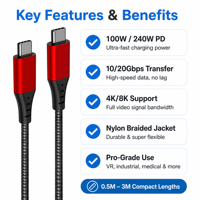 Câble USB 3.2 Gen 2 à angle droit de 10 pieds, E-Marker, tressé, durable, PD3.1, haute vitesse, transfert de données 20 Gbps, sortie vidéo 4K, cordon Type C