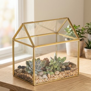 Chaman India Metal & Glass Geometric House Succulent Terrarium Tabletop <b>Vase</b> with Clear Glass & Gold Finish - Product Image 2
