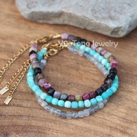 Mode minimaliste pierres précieuses 4mm facettes carré Tourmaline perlé Bracelet délicat or 18 carats bijoux en acier inoxydable en gros