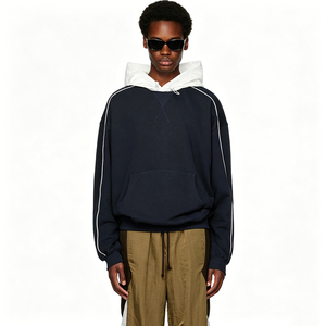 Felpa con Cappuccio Oversize di Alta Qualità per <span class=keywords><strong>Uomo</strong></span>, Stile Streetwear Essenziale, Bicolore Blu Navy e Bianco con Bordi in French Terry - Product Image 1