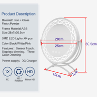 Miroir de maquillage éclairé rond blanc de 28 cm avec 64 lumières LED SMD, miroir de vanité à 3 couleurs réglables, capteur tactile, rotation à 360°