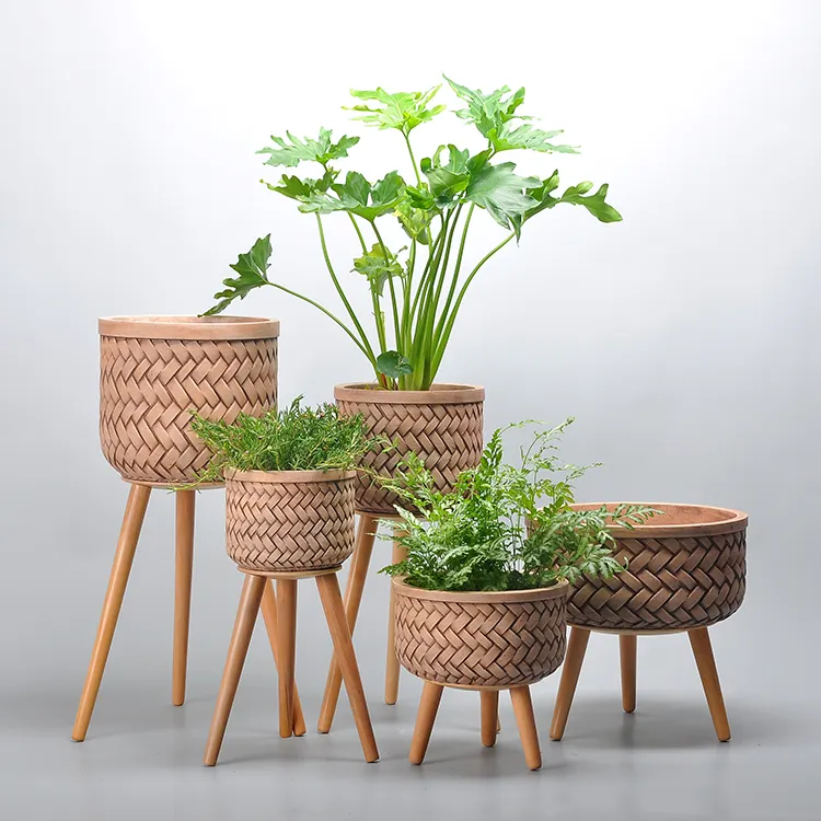 Креативные Круглые цементные растения ручной работы из ротанга с рисунком облегчения, горшки для цветов с тремя бамбуковыми ножками