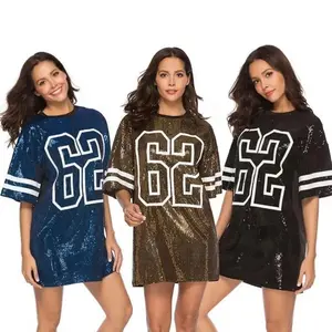 Verão Em Torno Do Pescoço Gota Ombro Personalizado Lantejoula Número Design Mulheres T Shirt Vestidos Oversized Loose Big Sequin Mulheres T Shirt Dress