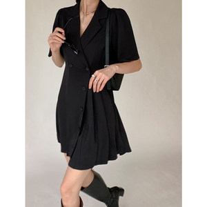 Abito Corto Estivo <span class=keywords><strong>Nero</strong></span> Slim-Fit con Scollo a V e Logo Personalizzato, Traspirante, Stile Vintage, Elegante Abito Blazer Plissettato per Donne - Product Image 2