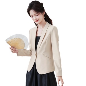 Women's Blazer Beige Solid Color Polyester Worsted Breathable Spring Autumn Casual Fit - Product Image 5