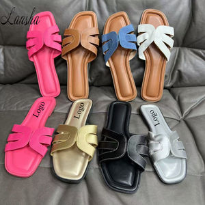 Sandales plates en cuir PU à bout ouvert avec lanières croisées rétro, logo personnalisé de haute qualité LS-03, pour femmes, tongs de plage - Product Image 1
