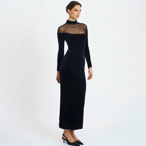 Vestido de Noche de Terciopelo con Cuello Alto y Manga Larga, Paneles Transparentes de Malla, Diseño Ajustado y Evase, Largo Midi, Color Sólido, Ropa Formal - Product Image 2