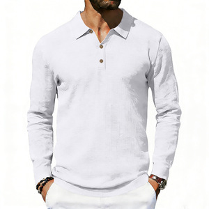 Polo en lin pour homme à manches longues, couleur unie, décontracté, boutonné devant, respirant, coupe classique, pour le printemps et l'automne - Product Image 3