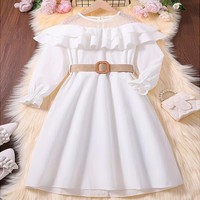 Nouvelle Robe Princesse Été 2026 Style Européen et Américain en Maille et Dentelle, Coupe Trapèze à Manches Longues, Élégante, Épaules Dénudées, Ceinture Souple